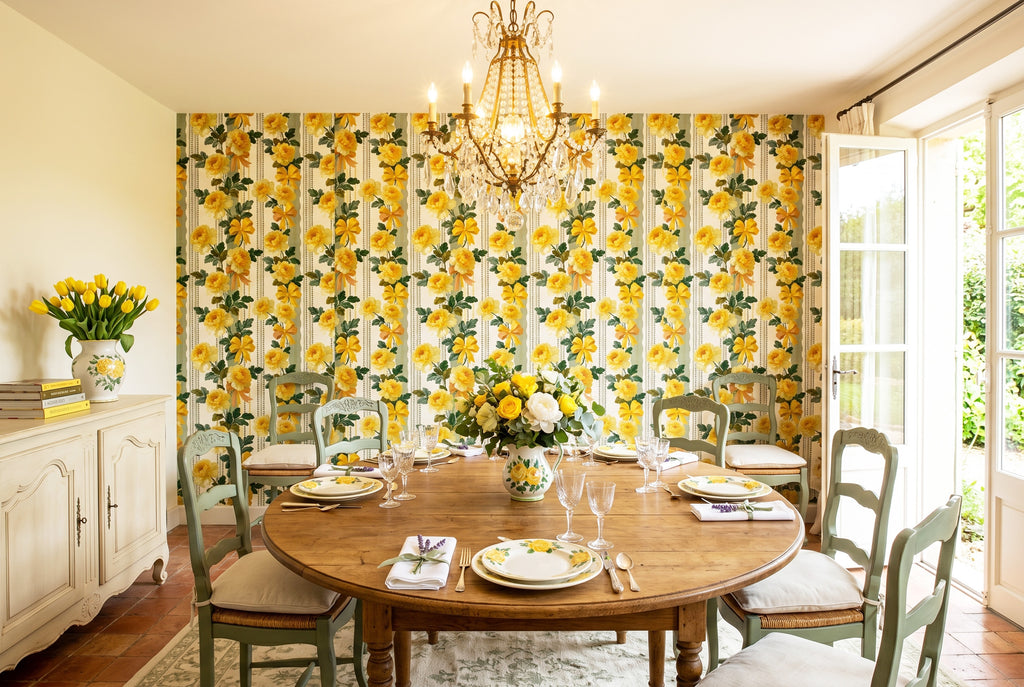Yellow Rose Wallpaper French Vintage Floral Stripe
