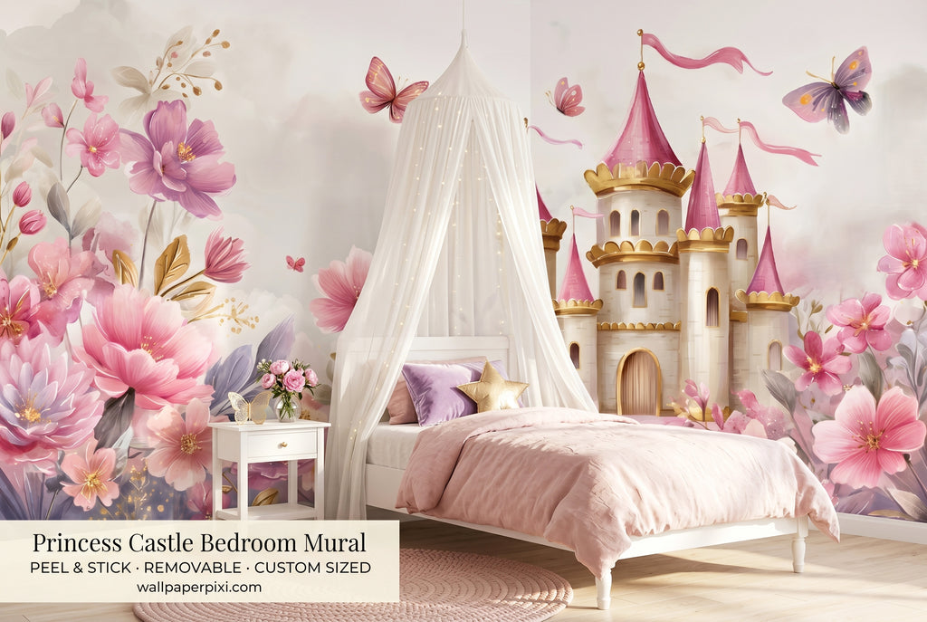 Fairytale castle peel and stick wallpaper with gold turrets and floral details
