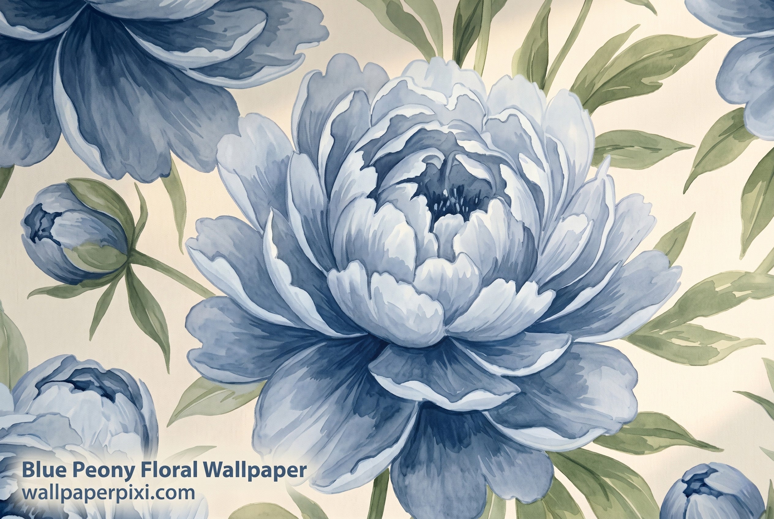 Close-up detail of blue peony watercolour floral wallpaper showing layered steel blue peony petals sage green leaves and delicate buds