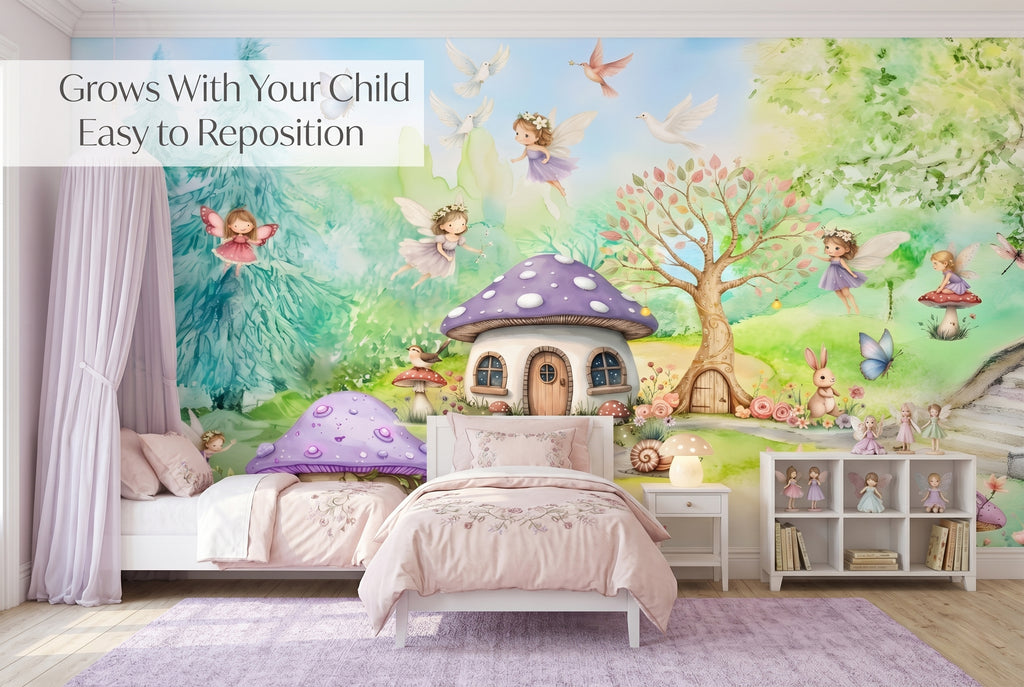 Enchanted Fairy Village Wall Mural | Magical Mushroom House Woodland Nursery Design