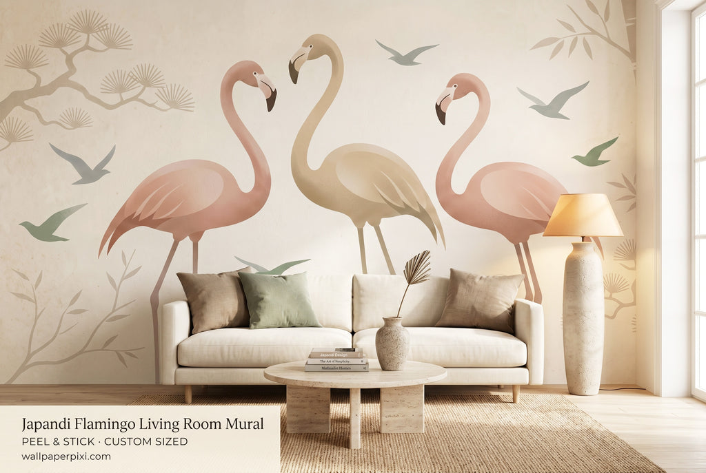 Zen flamingo wallpaper with bonsai trees and birds neutral living room decor
