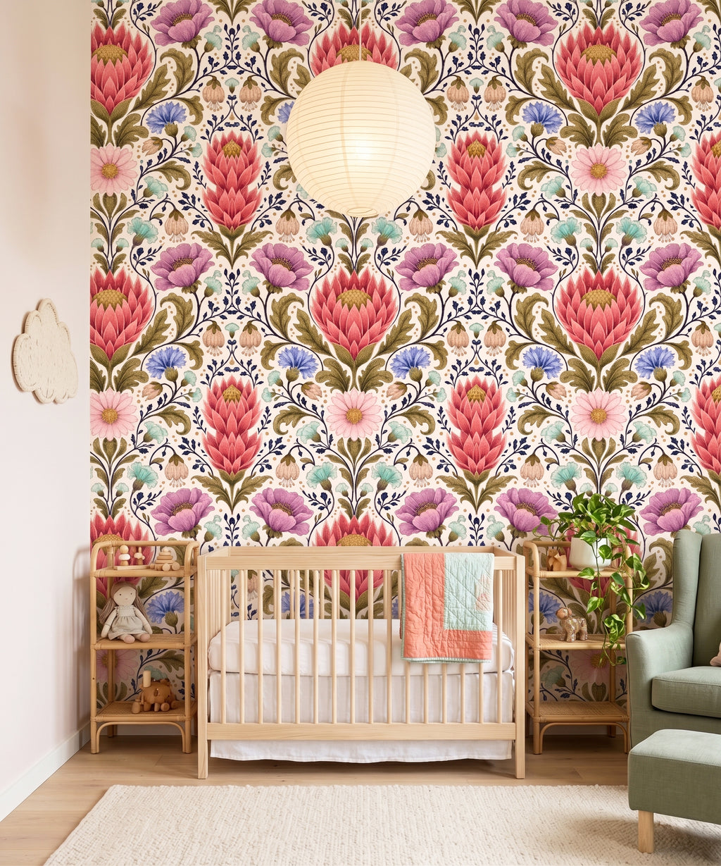 Vintage Damask Floral Botanical Wallpaper with Protea, Wildflowers & Acanthus for Living Room and Bedroom