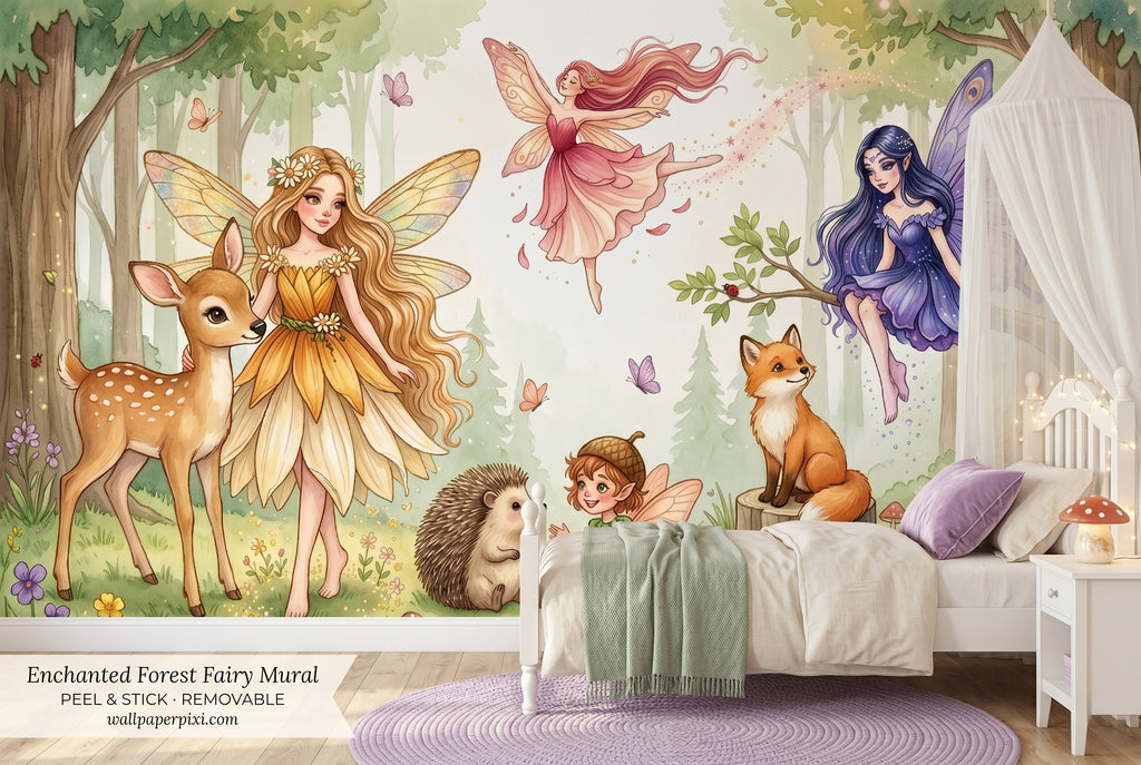 Enchanted forest fairy nursery mural in a bright toddler playroom with rattan furniture a small teepee and woodland animal toys