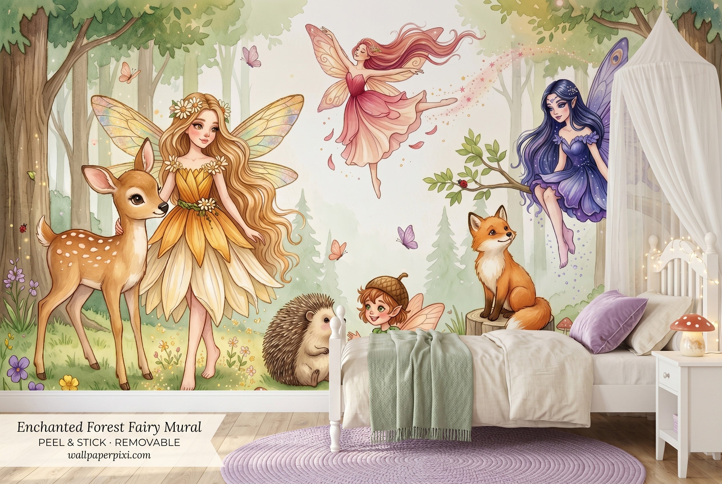 Enchanted forest fairy nursery mural in a bright toddler playroom with rattan furniture a small teepee and woodland animal toys