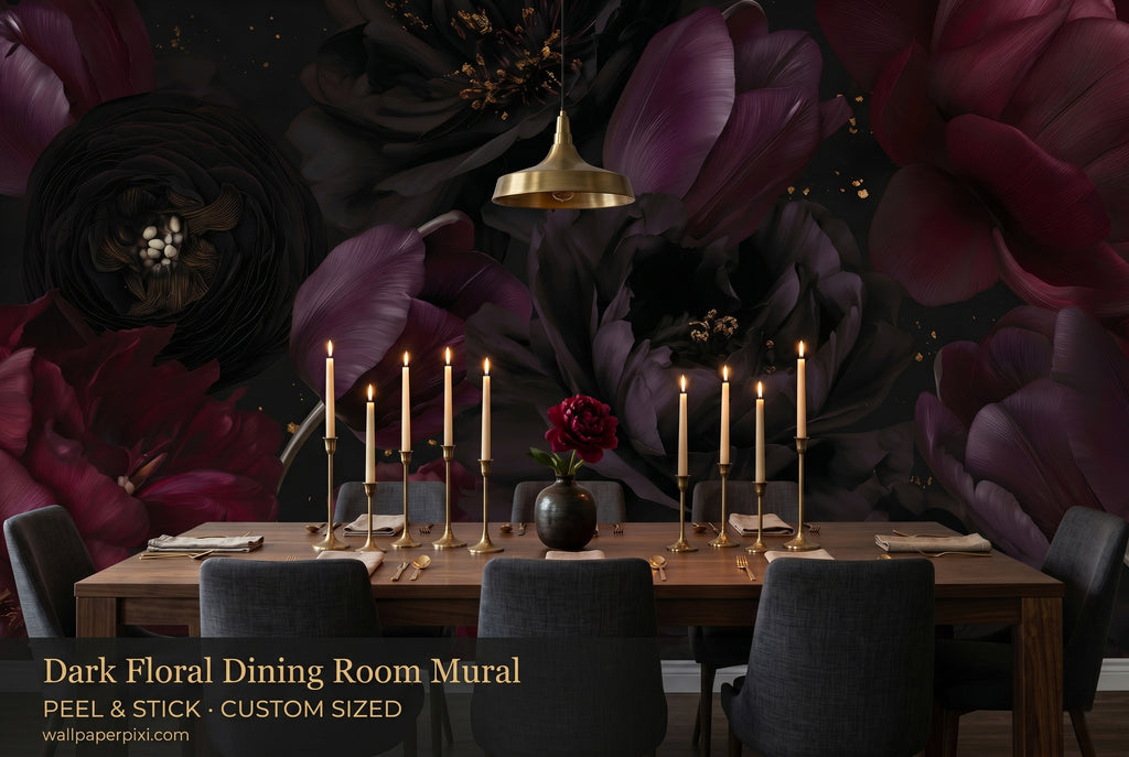 Gothic dark floral wall mural in a bright elegant dining room with a dark walnut table and gold candleholders
