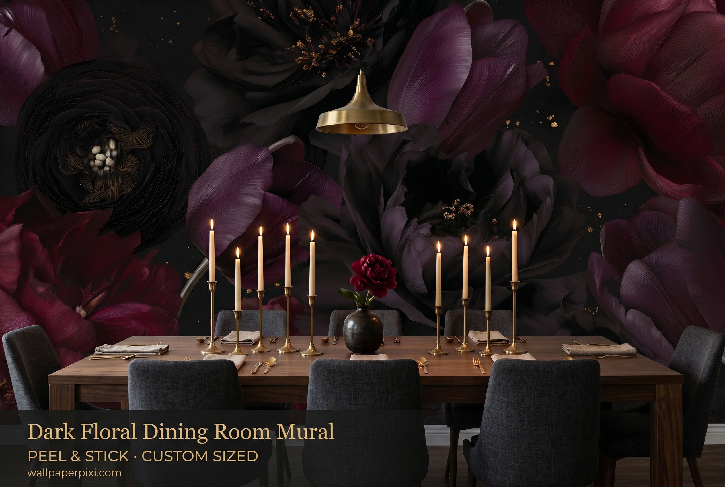 Gothic dark floral wall mural in a bright elegant dining room with a dark walnut table and gold candleholders