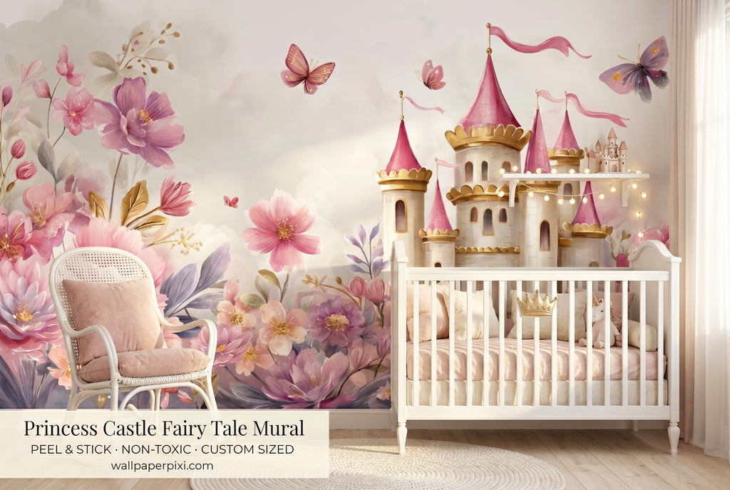 Pink watercolor princess castle wall mural with flowers and butterflies for girls nursery
