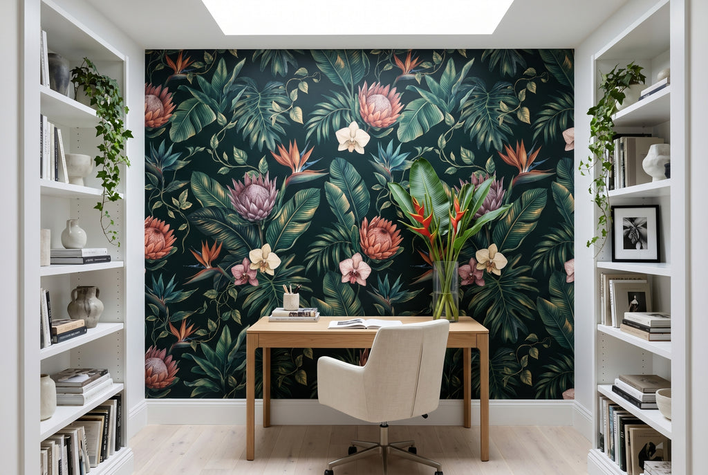 Dark moody tropical botanical wallpaper mural featuring protea flowers, Bird of Paradise blooms, cream orchids, and lush banana leaves on a deep midnight green background — premium dark floral wall art by WallpaperPixi
