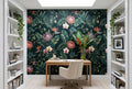 Dark moody tropical botanical wallpaper mural featuring protea flowers, Bird of Paradise blooms, cream orchids, and lush banana leaves on a deep midnight green background — premium dark floral wall art by WallpaperPixi