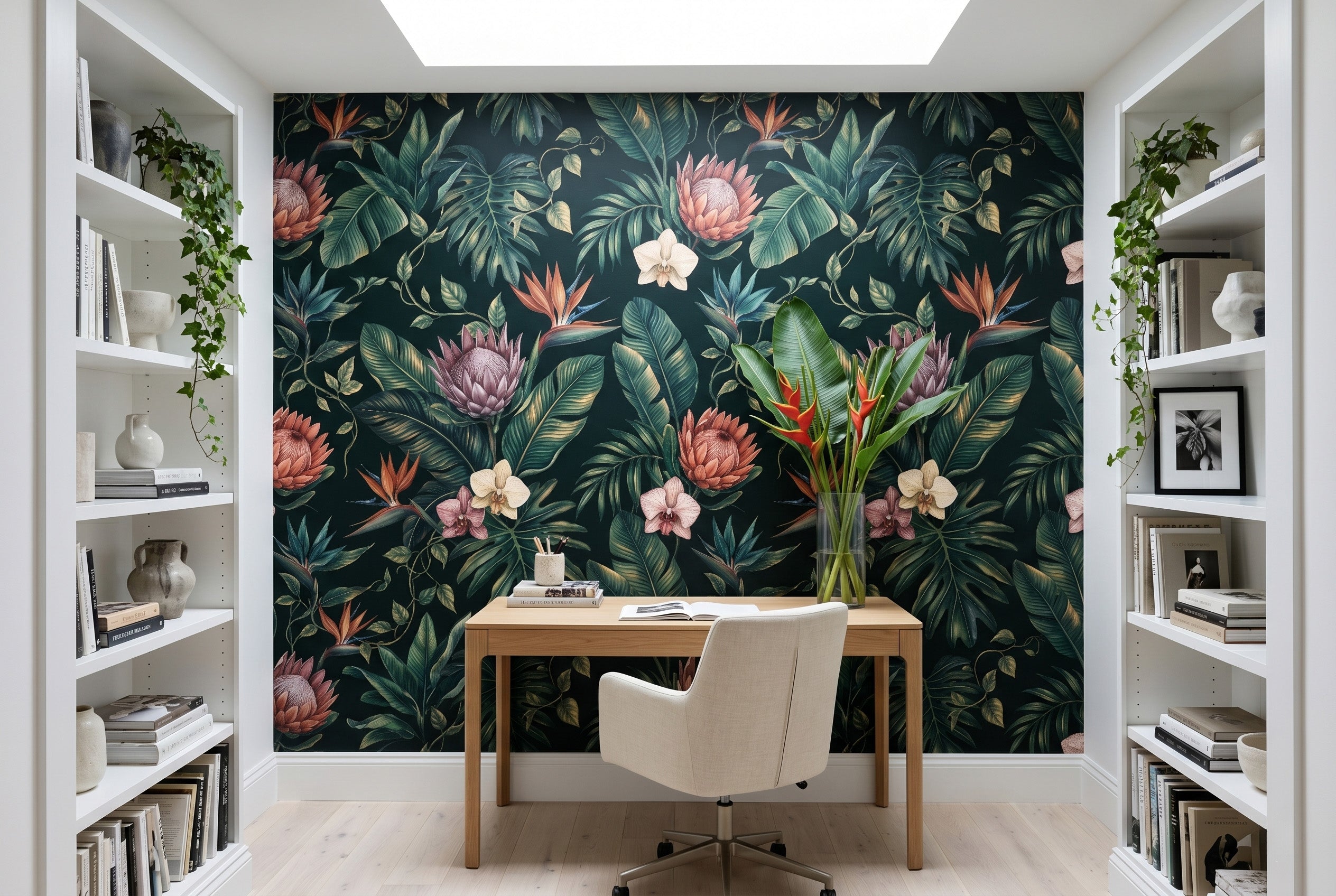 Dark moody tropical botanical wallpaper mural featuring protea flowers, Bird of Paradise blooms, cream orchids, and lush banana leaves on a deep midnight green background — premium dark floral wall art by WallpaperPixi