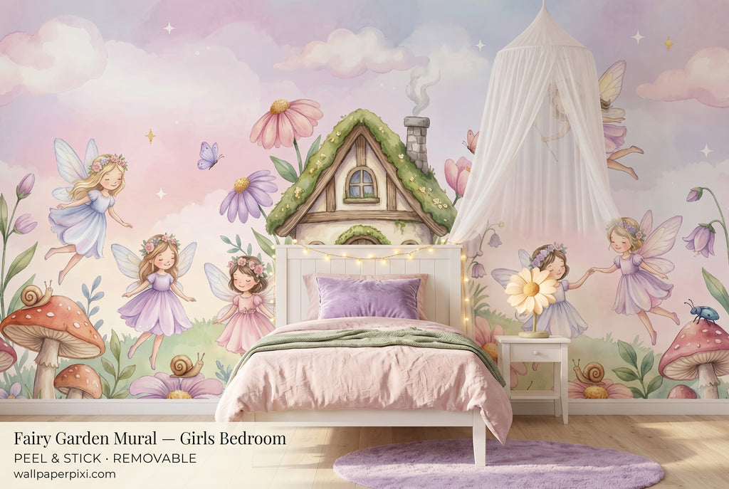 Watercolour fairy garden wall mural in a bright girls bedroom behind a white bed with a blush canopy lavender cushions and soft morning light