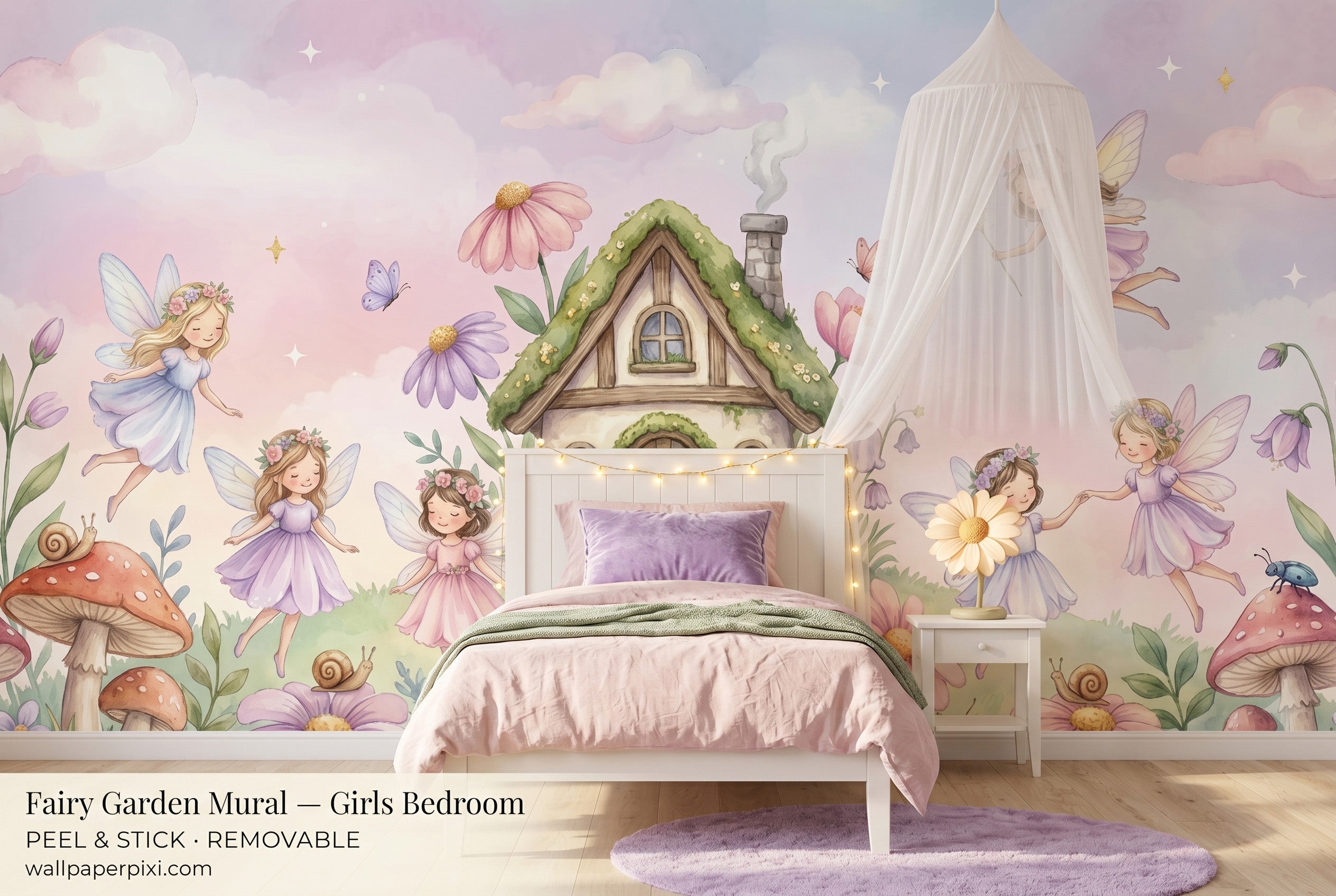 Watercolour fairy garden wall mural in a bright girls bedroom behind a white bed with a blush canopy lavender cushions and soft morning light