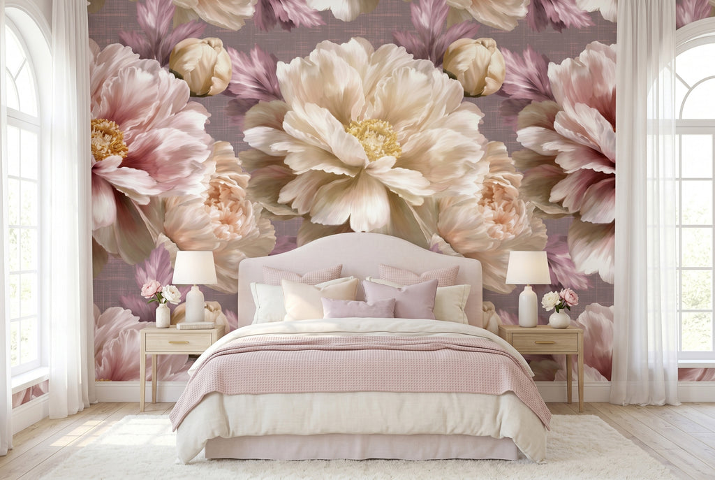 Oversized peony wallpaper mural featuring large ivory-cream and blush-pink peony blooms, dusty rose petals, a closed ivory bud, feathery mauve leaves, and a subtly textured grey-mauve linen-effect background — premium romantic floral wallpaper by WallpaperPixi