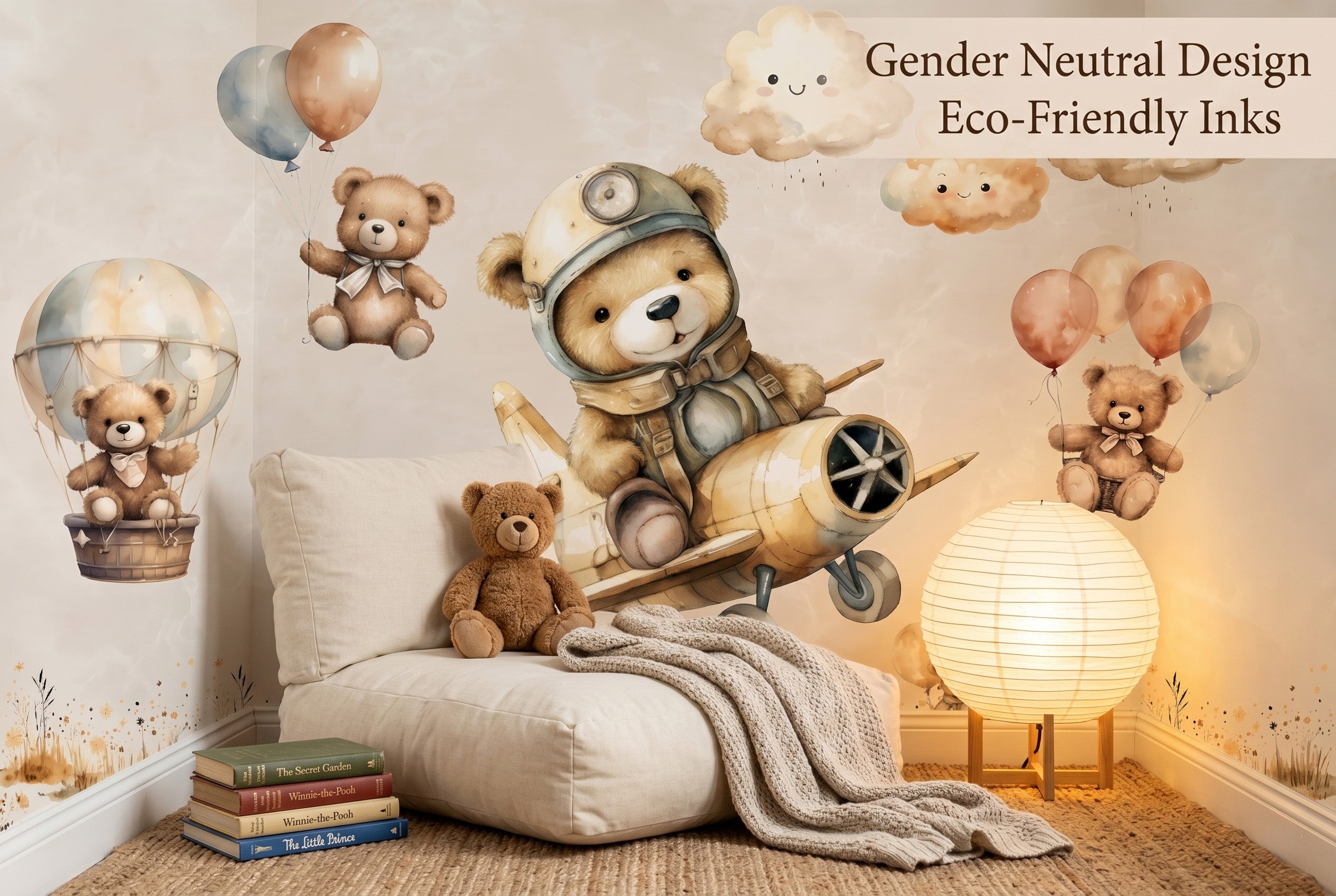 Extreme close-up of the watercolor aviator teddy bear wallpaper showing the vintage airplane and painterly texture.