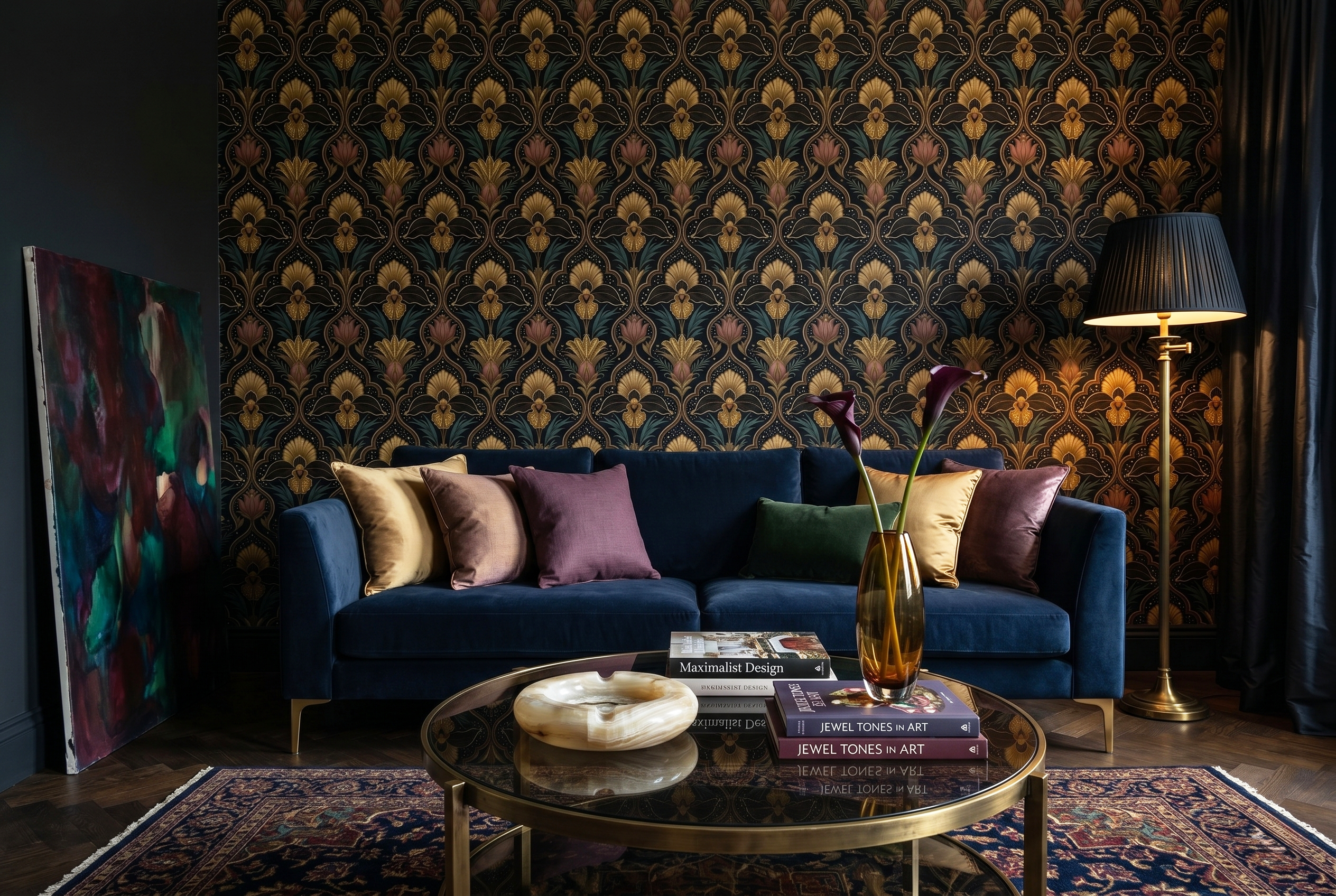 Dark Moody Wallpaper Art Deco Celestial Damask with Gold Floral & Stars for Bedroom and Living Room
