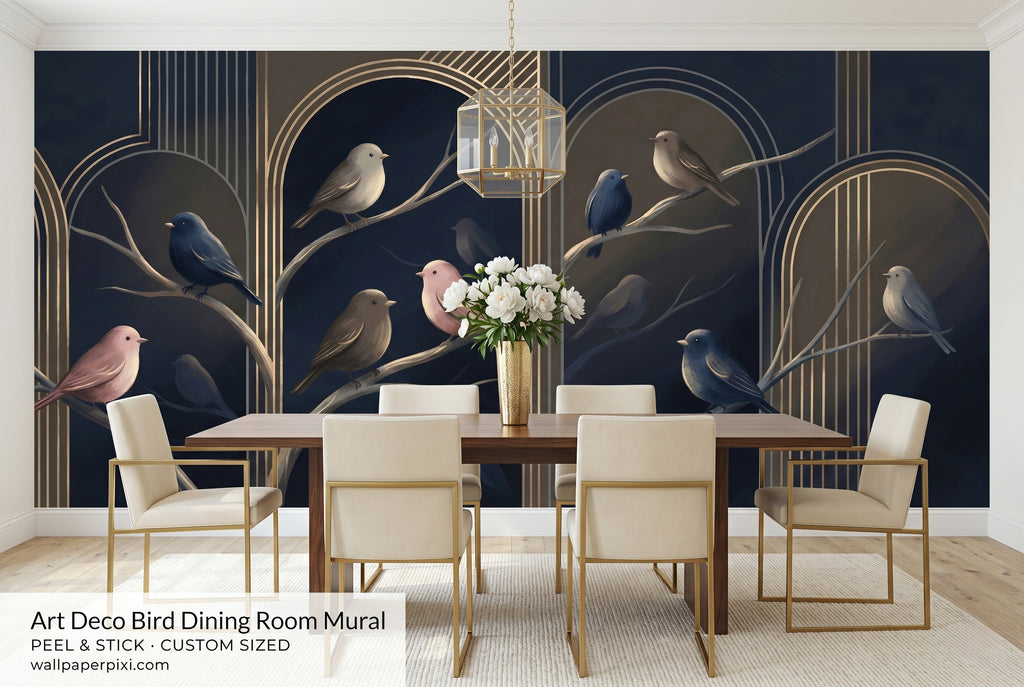 Art deco midnight blue bird mural in a bright elegant dining room with a dark walnut table gold chairs and fresh white flowers