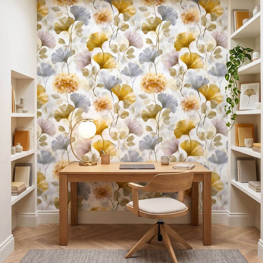Watercolour botanical wallpaper featuring softly painted golden amber ginkgo leaves, muted grey ginkgo leaves, and full amber chrysanthemum blooms with blush and grey watercolour wash background on a luminous white ground — premium modern organic wallpaper by WallpaperPixi
