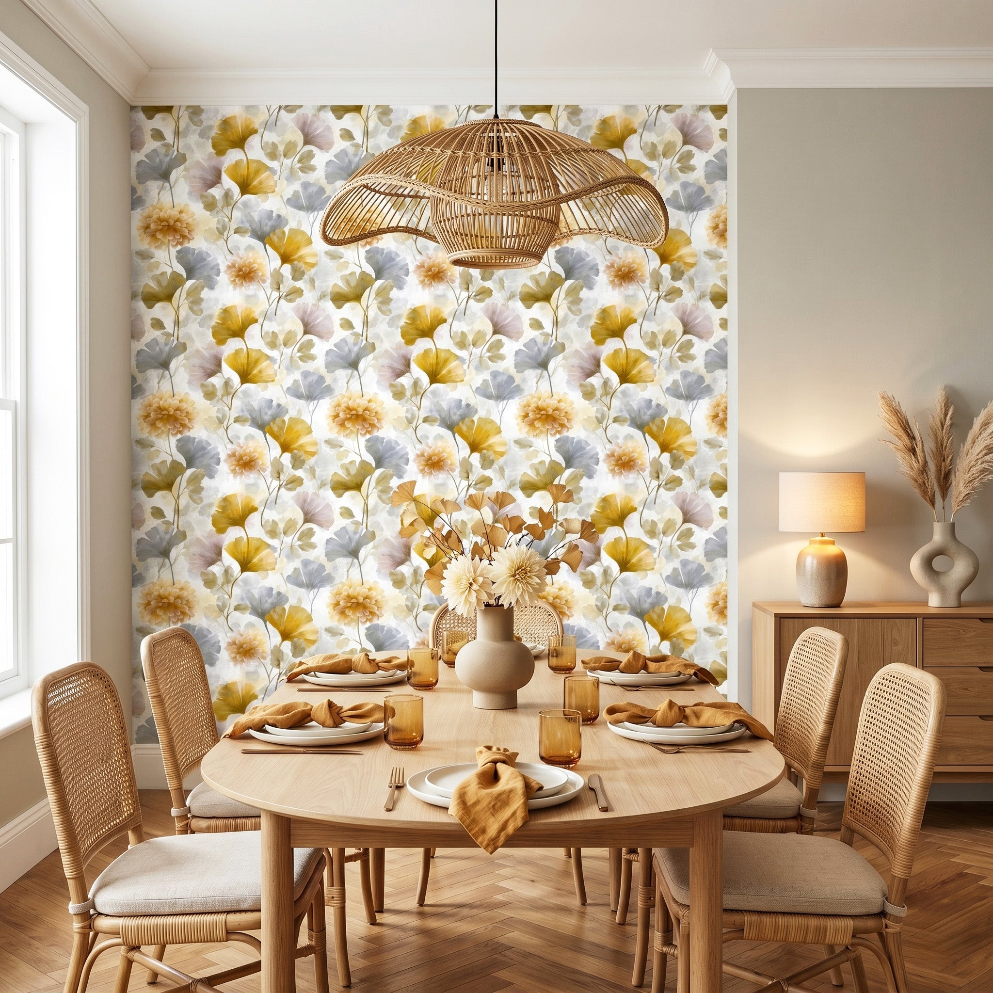 Watercolour Floral Wallpaper Gold Ginkgo Botanical Bedroom