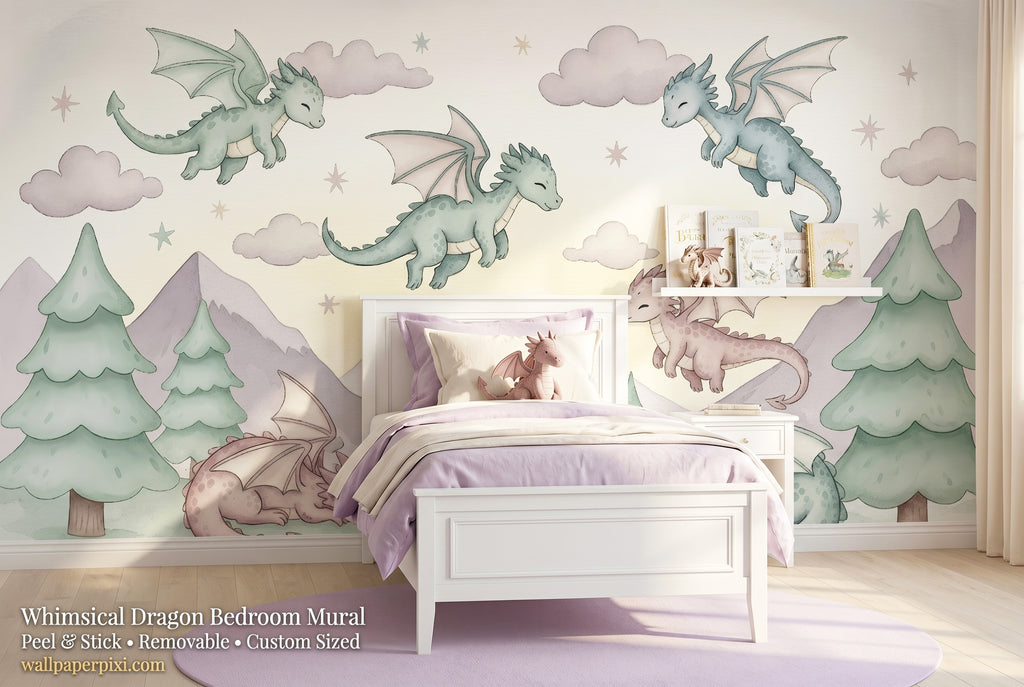 Whimsical pastel dragon nursery wallpaper mural in a bright girls bedroom with a white bed lavender cushions and a small dragon plush toy