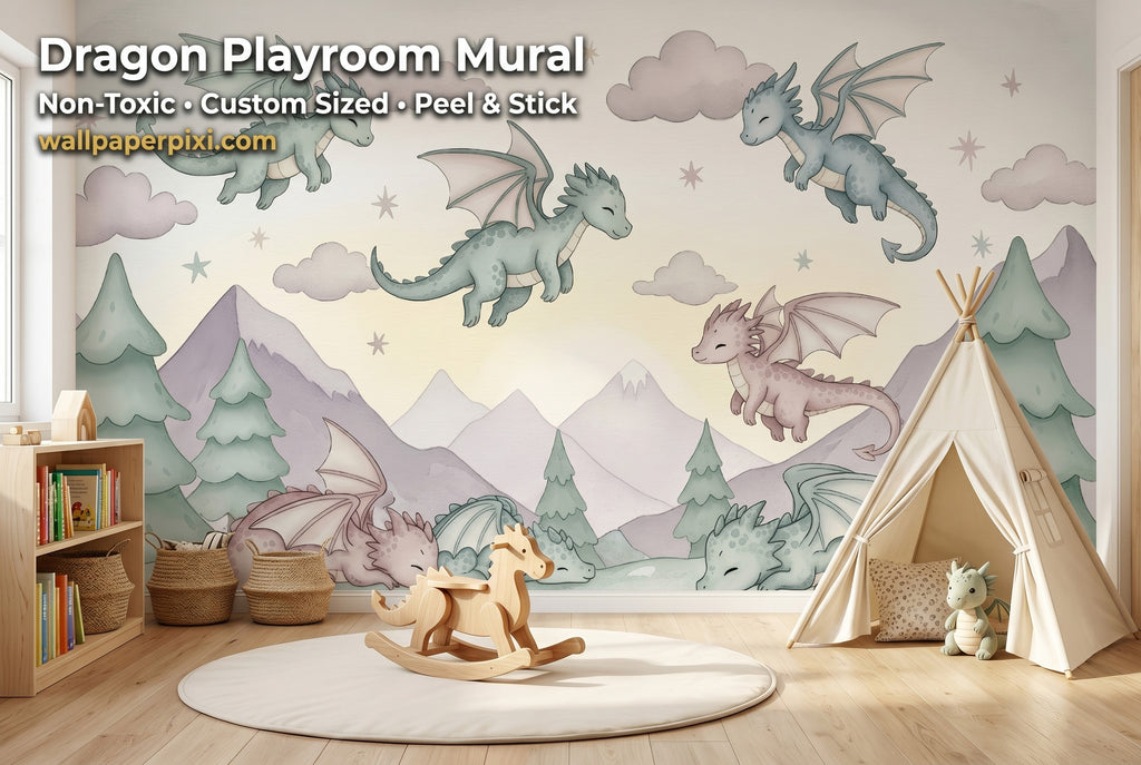Pastel dragon nursery mural in a bright playroom with a soft play mat wooden toys and a small reading tent