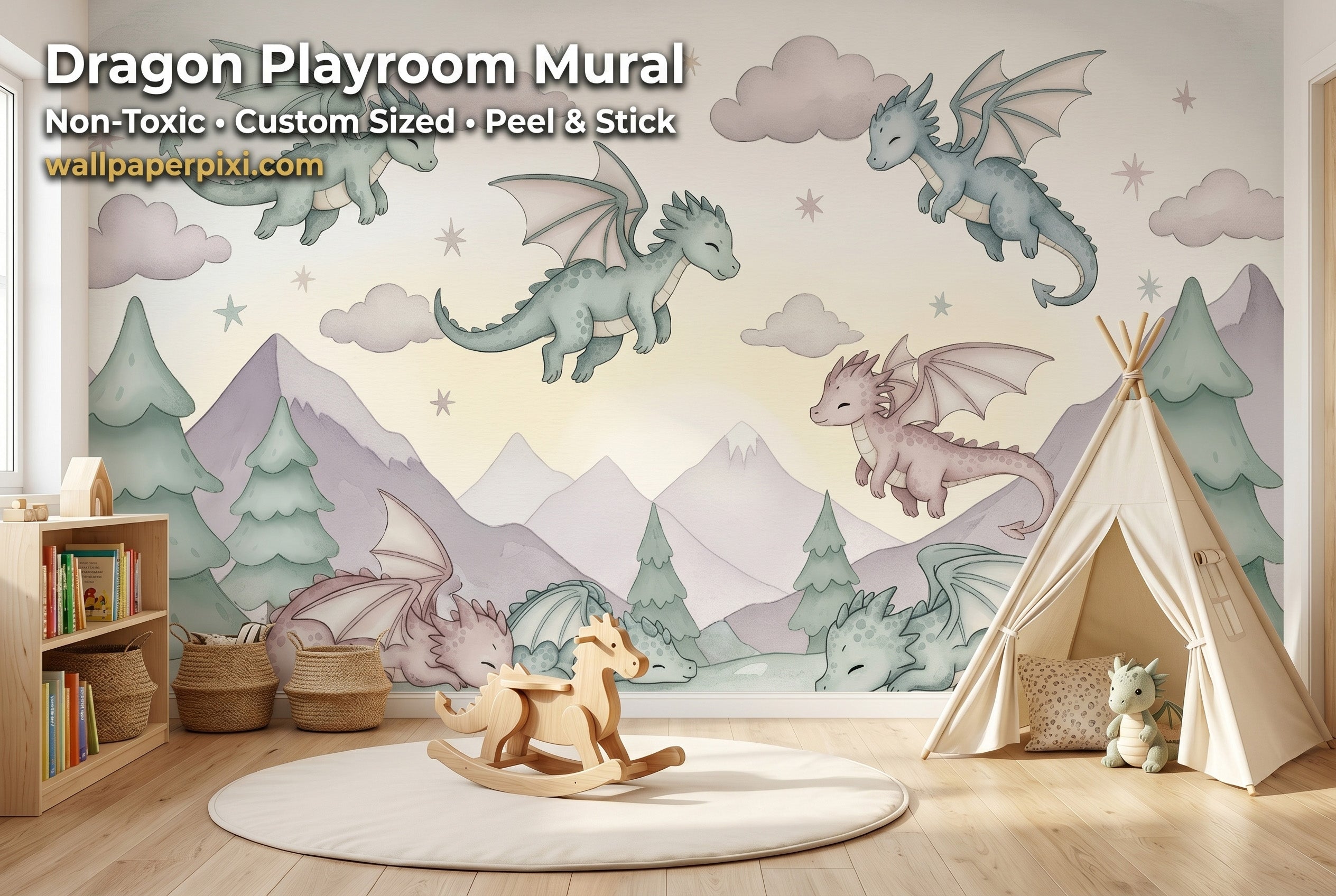Pastel dragon nursery mural in a bright playroom with a soft play mat wooden toys and a small reading tent