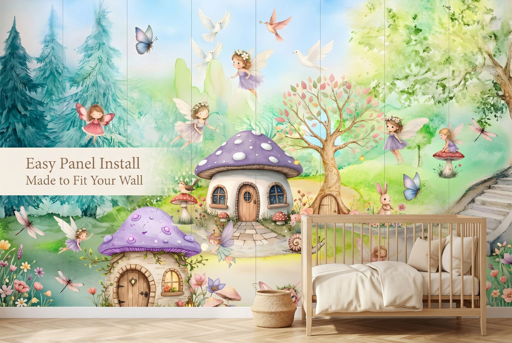 Enchanted Fairy Village Wall Mural | Magical Mushroom House Woodland Nursery Design