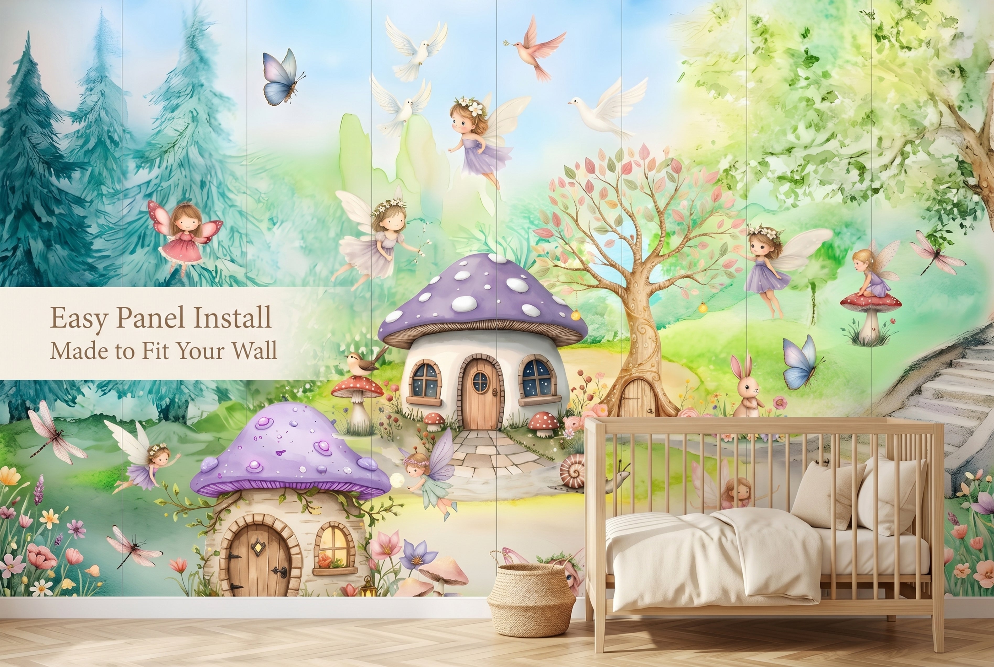 Enchanted Fairy Village Wall Mural | Magical Mushroom House Woodland Nursery Design