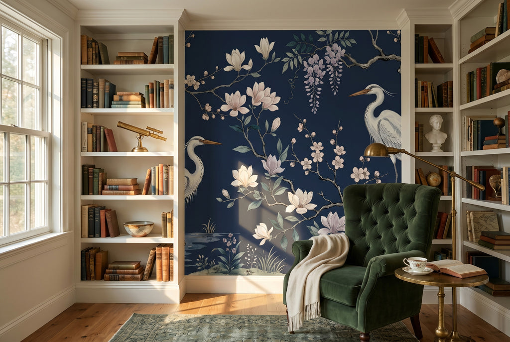 Close-up detail of hand-painted-style white heron and magnolia blossoms on deep navy chinoiserie wallpaper mural — high-definition botanical print
