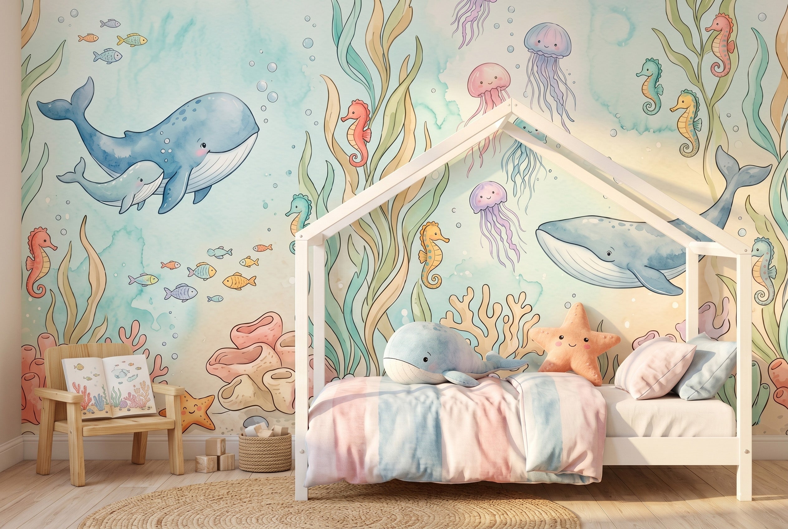 Pastel watercolour under the sea nursery wallpaper featuring 
hand-painted whales, smiling jellyfish, seahorses, and colourful 
coral reef installed as a feature wall behind a white wooden 
crib in a soft, gender-neutral baby nursery with natural 
daylight.
