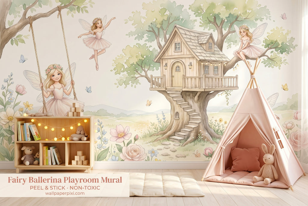 Fairy ballerina treehouse peel and stick wall mural in a bright toddler playroom with a soft play mat wooden toys and a small teepee