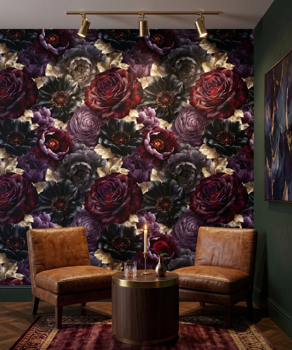 Dark gothic floral wallpaper featuring full-bleed composition of black anemone blooms with glowing amber centres, deep burgundy roses, mauve and grey peonies, and gold skeletal botanical leaves — premium dark maximalist wallpaper by WallpaperPixi