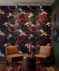 Dark gothic floral wallpaper featuring full-bleed composition of black anemone blooms with glowing amber centres, deep burgundy roses, mauve and grey peonies, and gold skeletal botanical leaves — premium dark maximalist wallpaper by WallpaperPixi