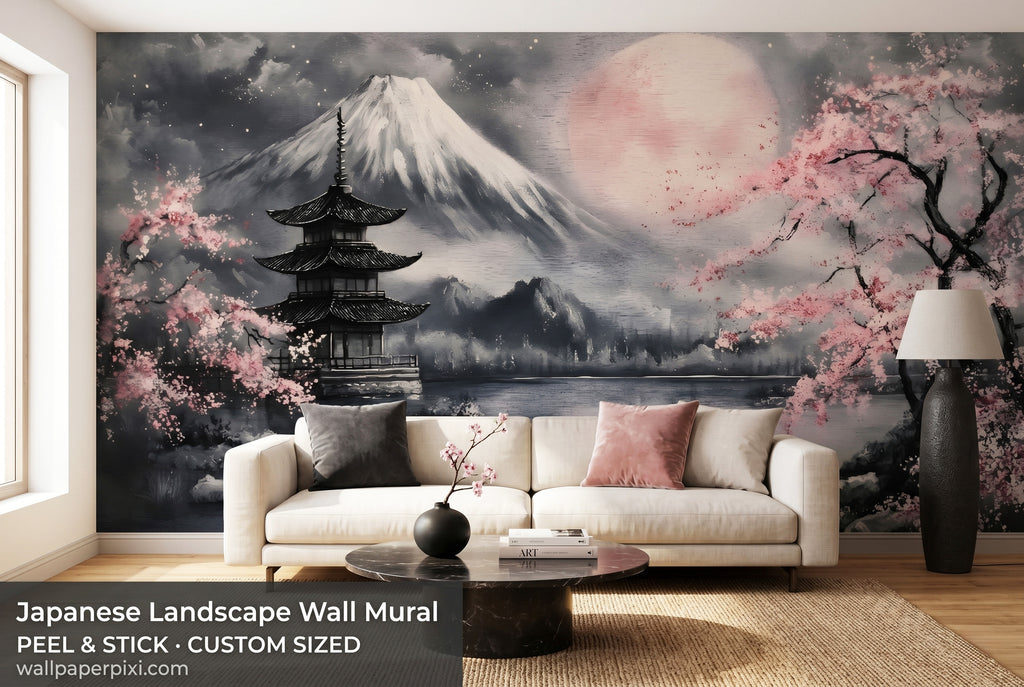 Moody Japandi wall mural with pink sakura and blush moon for bedroom