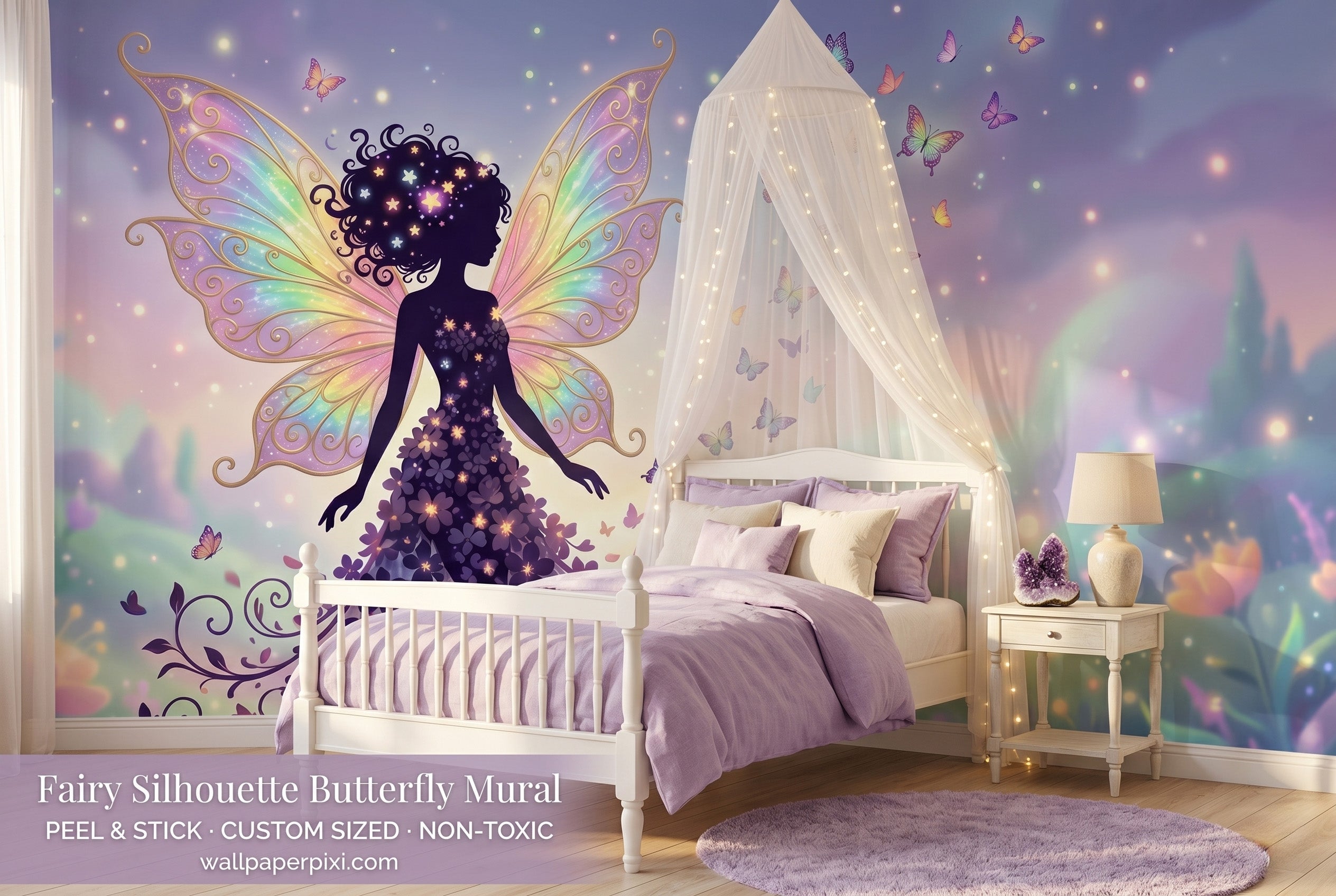 Fairy silhouette butterfly wall mural in a bright dreamy girls bedroom with a white bed lavender canopy purple and cream cushions and warm morning light