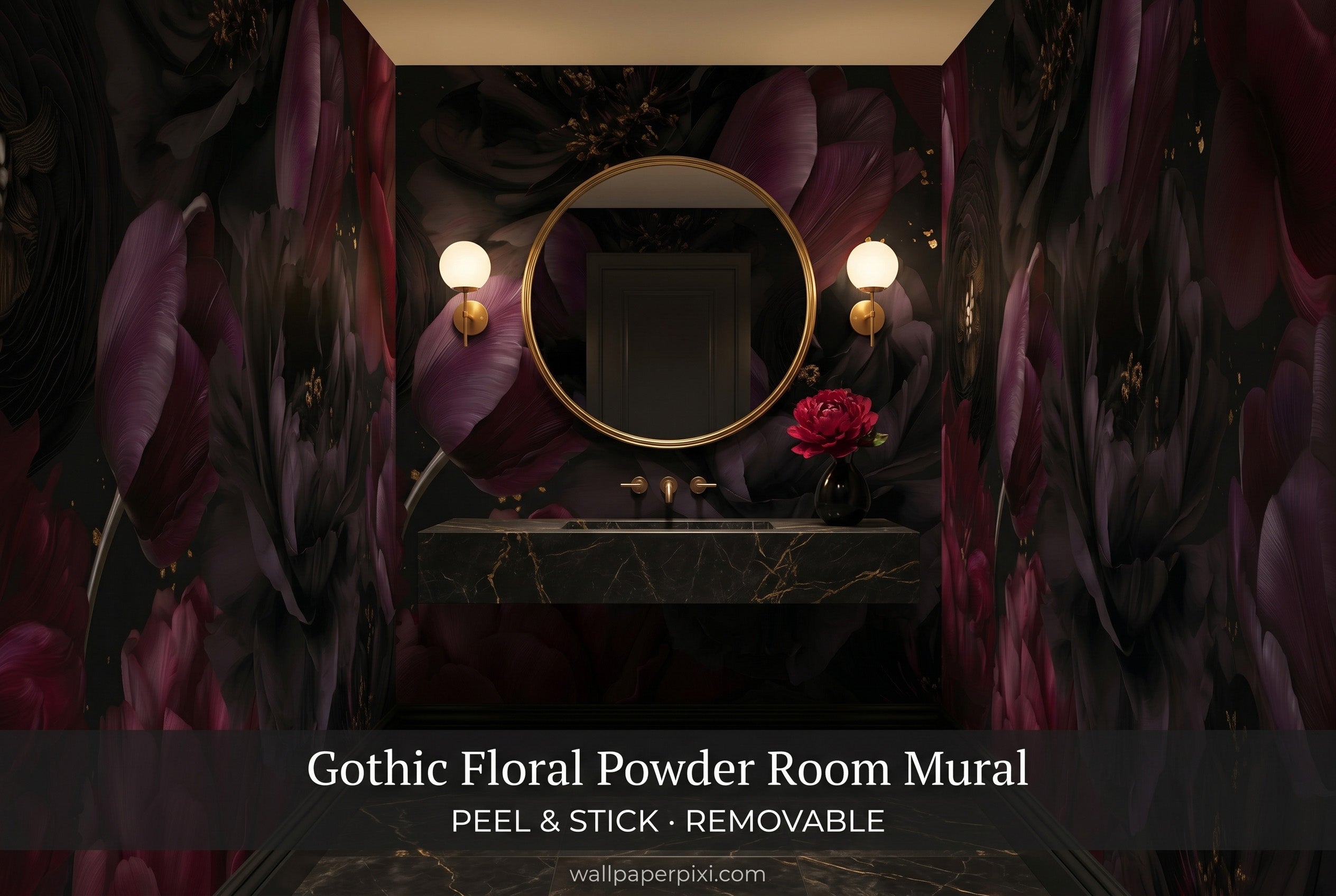 Dark moody floral peel and stick wall mural in a bright powder room with a marble vanity gold mirror and warm sconce lighting