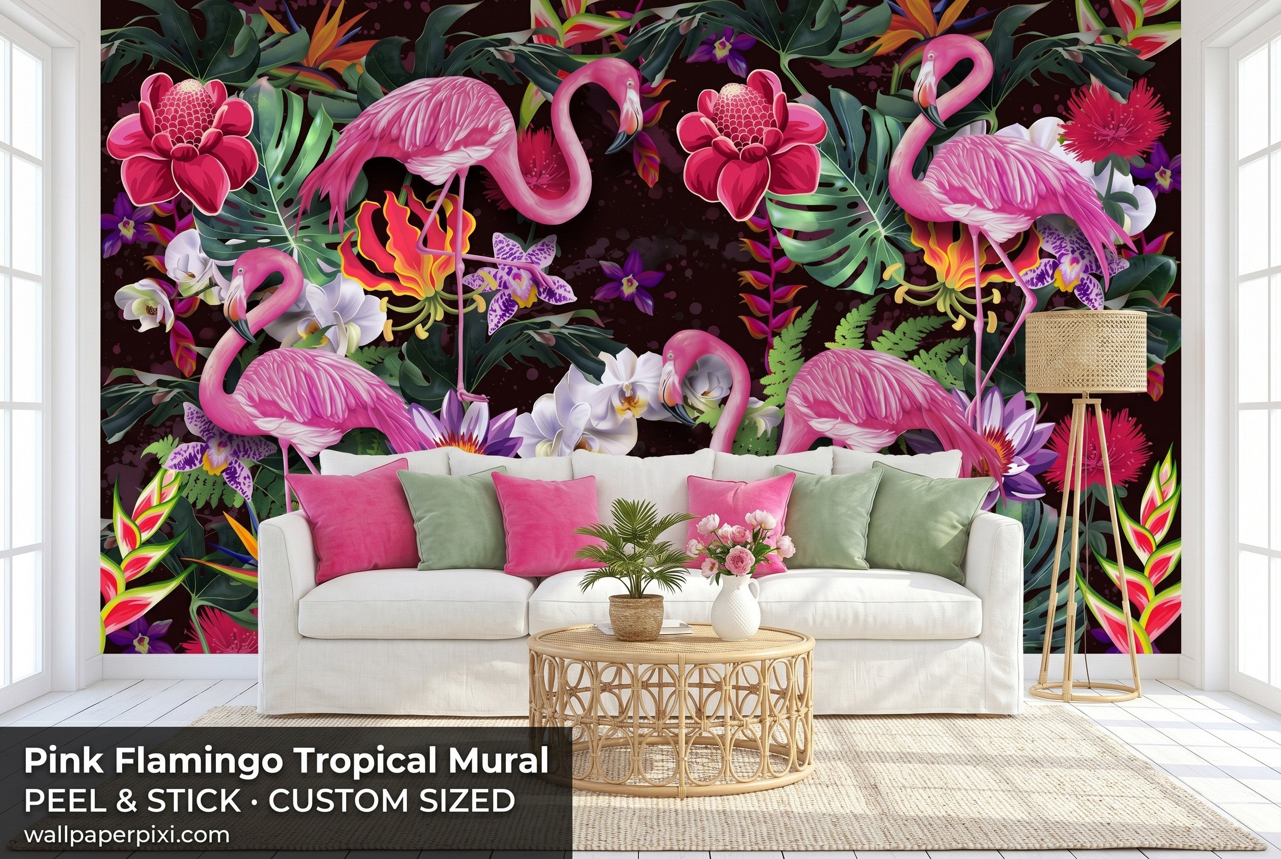 Pink flamingo tropical jungle wall mural in a bright bold living room with a white sofa pink and green cushions and rattan accents
