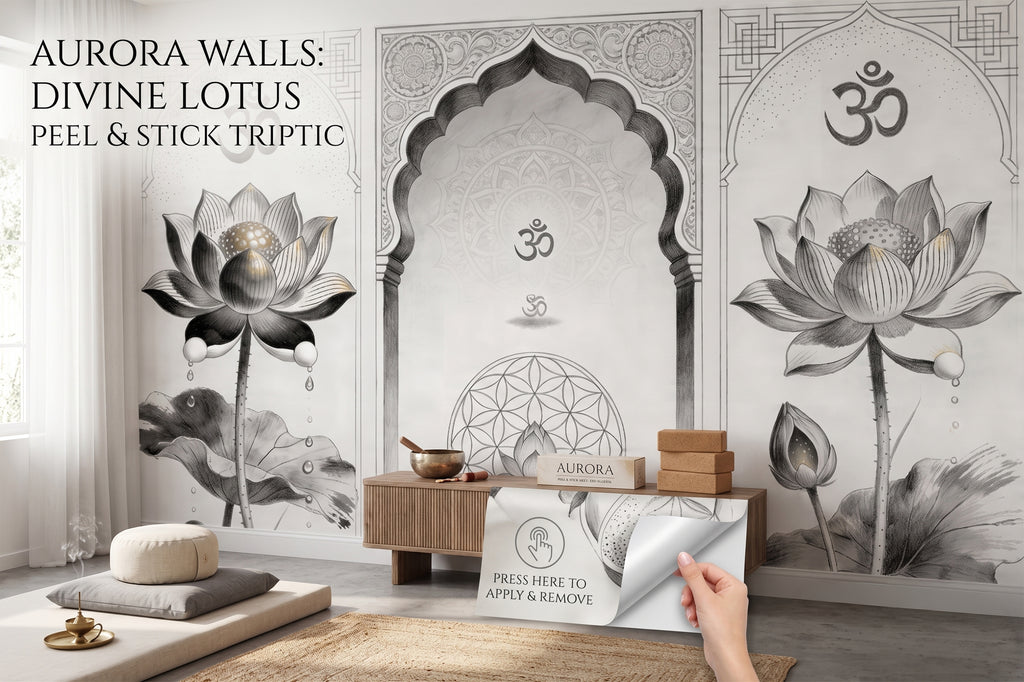 Om Lotus Mandala Wall Mural | Sacred Geometry Triptych | Yoga & Meditation Room