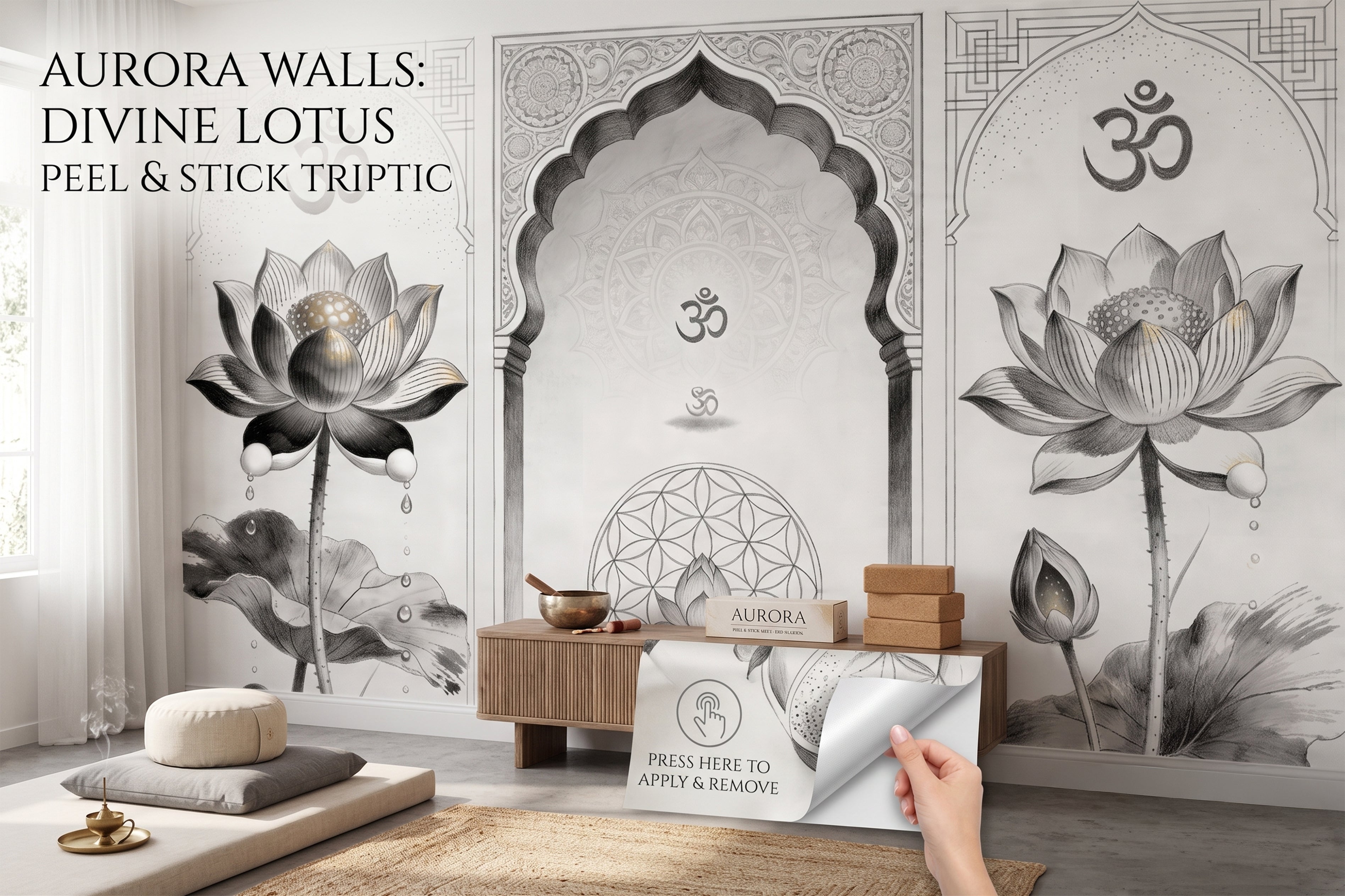 Om Lotus Mandala Wall Mural | Sacred Geometry Triptych | Yoga & Meditation Room
