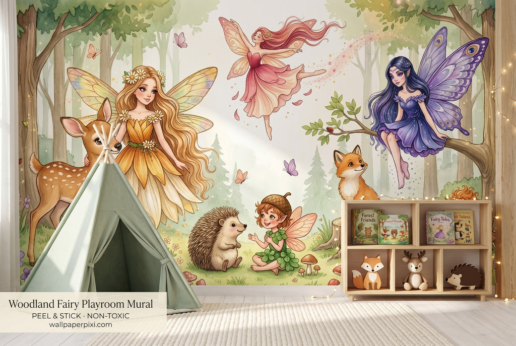 Enchanted forest fairy wall mural in a bright girls reading corner with a white rattan chair cream cushion fairy lights and children's books about woodland creatures