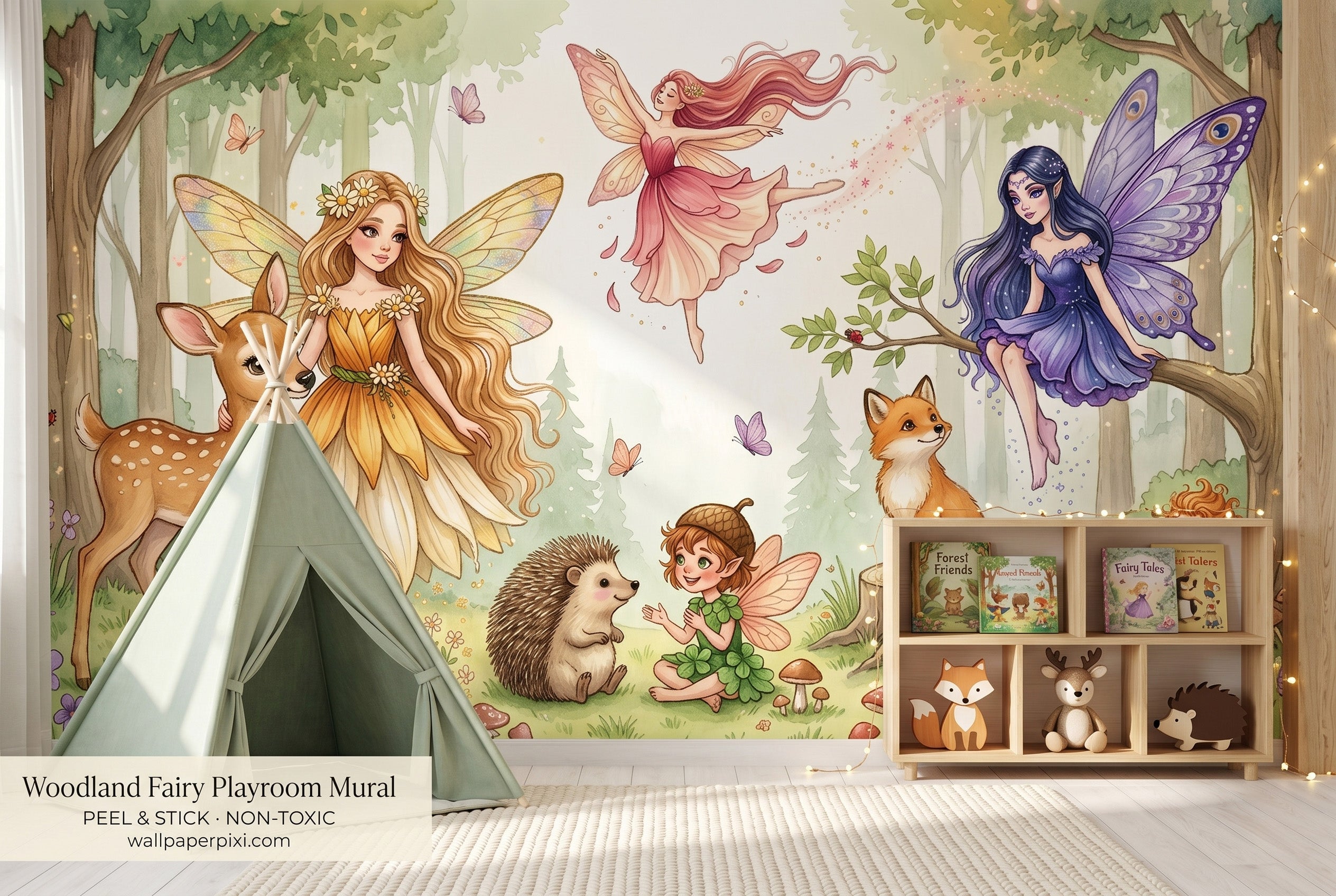 Enchanted forest fairy wall mural in a bright girls reading corner with a white rattan chair cream cushion fairy lights and children's books about woodland creatures