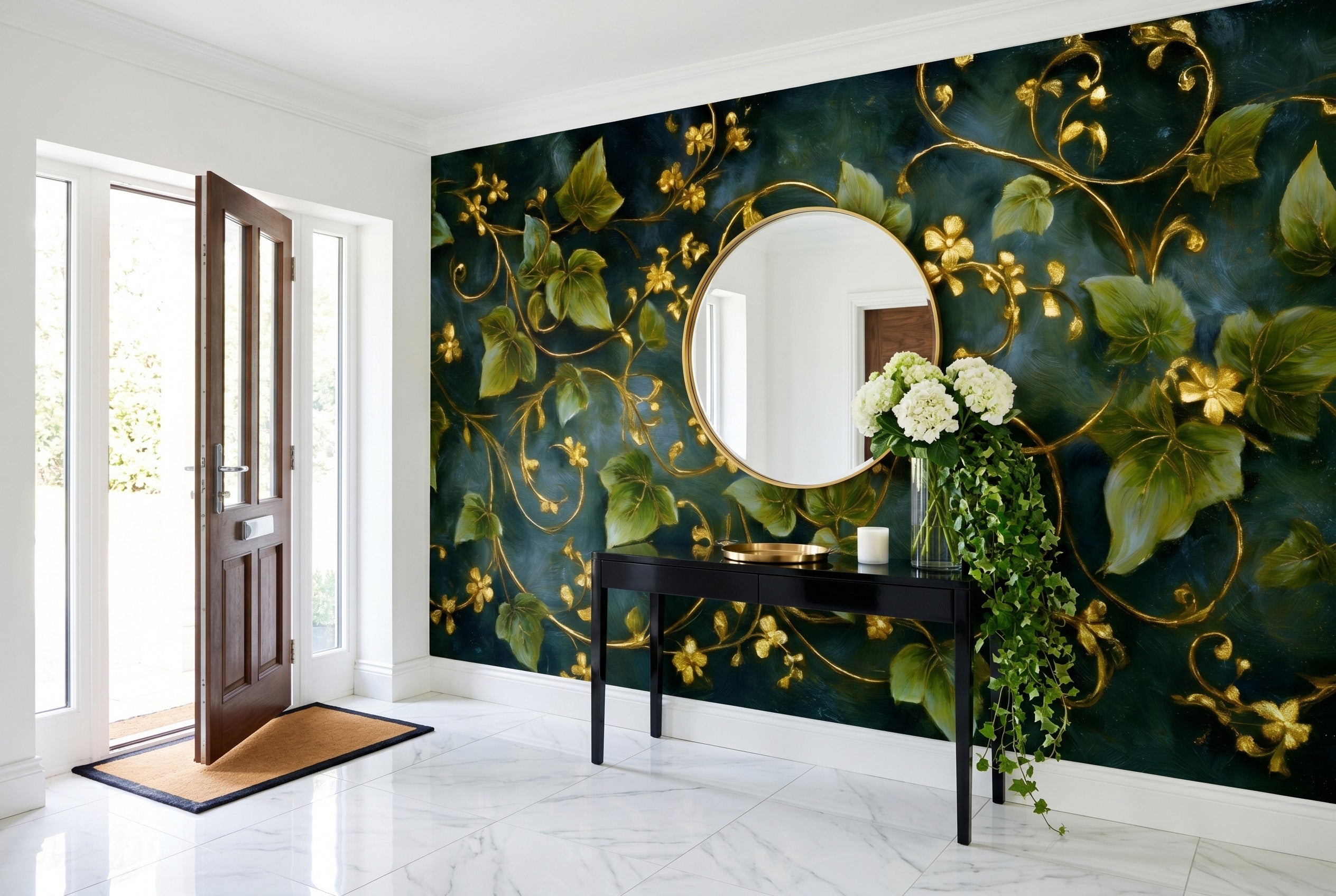 Dark green and gold botanical wall mural in a bright entryway with a slim black console white flowers and a round gold mirror