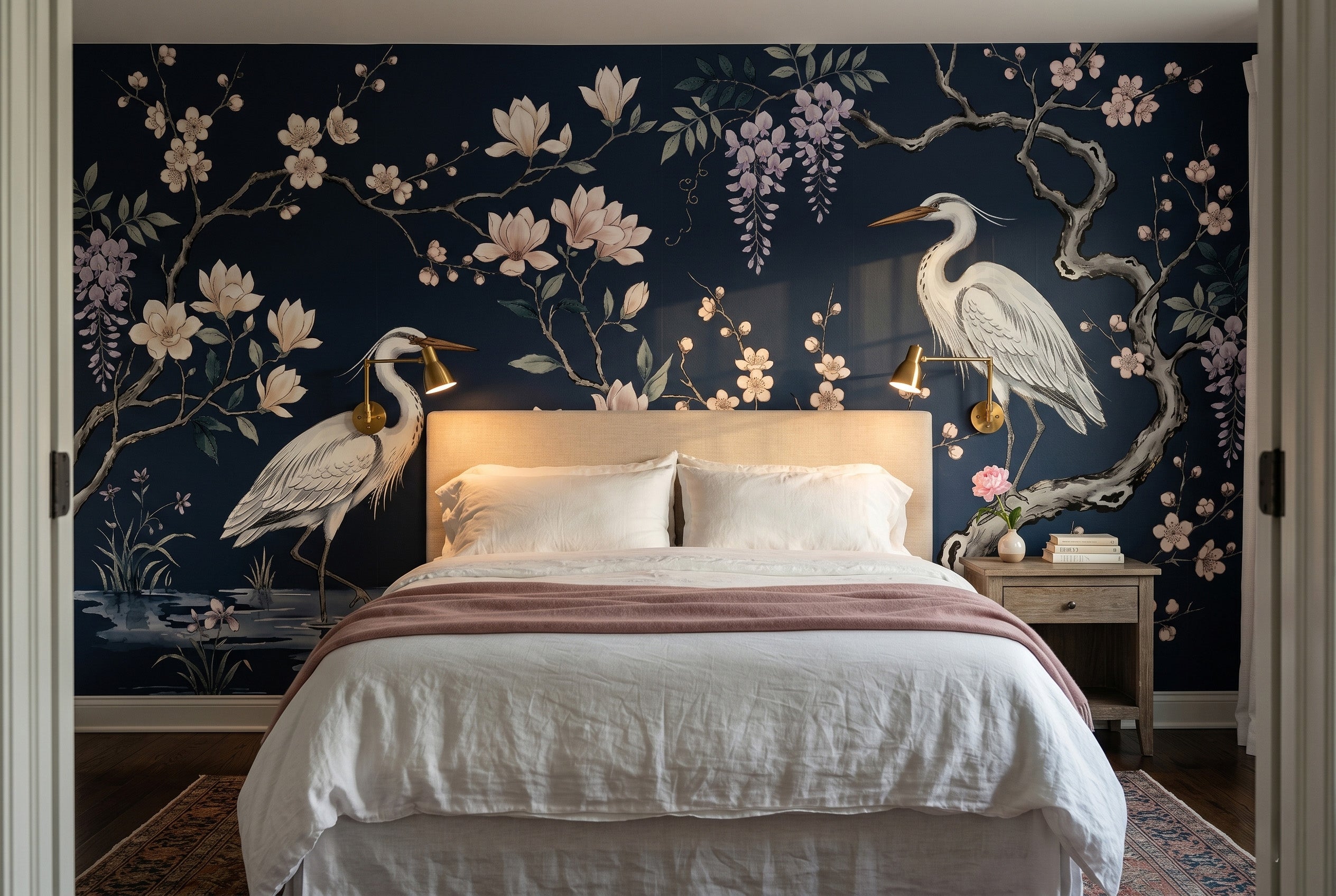 Navy chinoiserie heron wallpaper mural styled in a luxury living room with brass accents, linen sofa, and natural light — peel and stick or traditional wallpaper by WallpaperPixi
