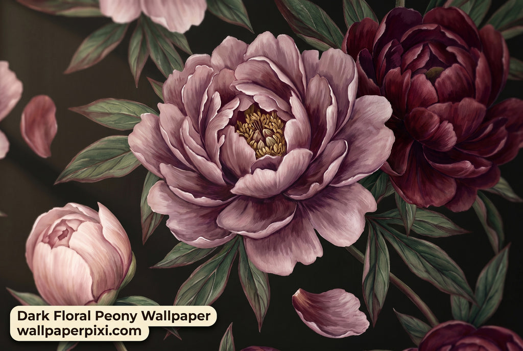 Close-up detail of dark floral peony wallpaper showing burgundy mauve and blush peony petals with dark green leaves and falling petals on black