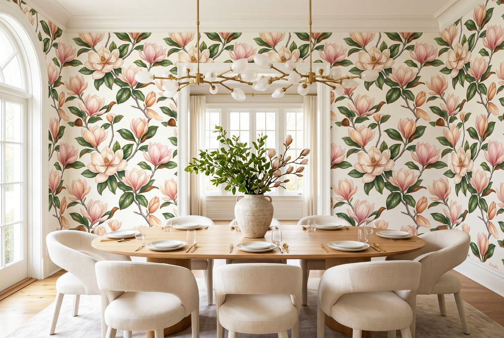 Pink Magnolia Floral Wallpaper Premium Peel and Stick, Romantic Bedroom & Nursery Wall Decor