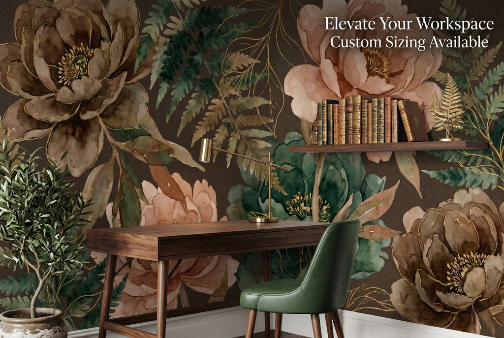 Gilded peony wallpaper in a sophisticated library nook with a dark wood desk and pampas grass.