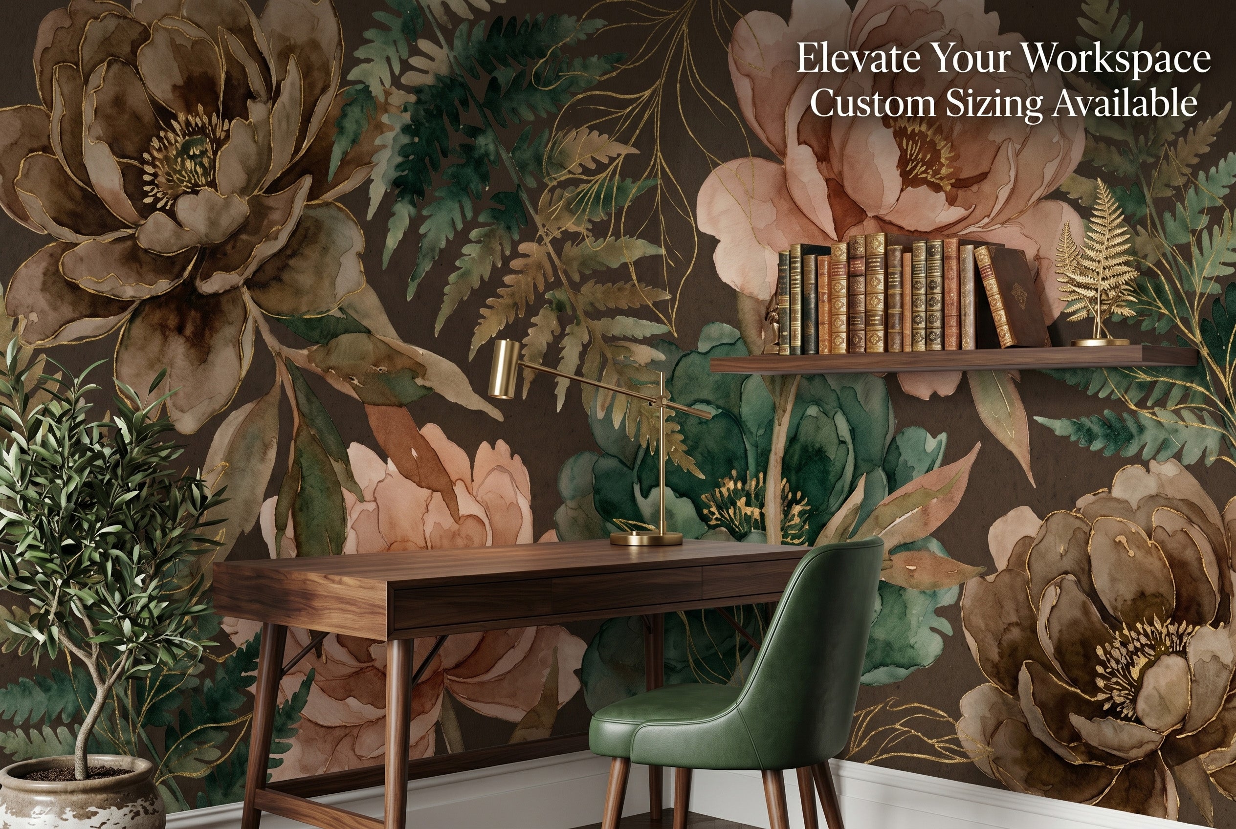 Gilded peony wallpaper in a sophisticated library nook with a dark wood desk and pampas grass.