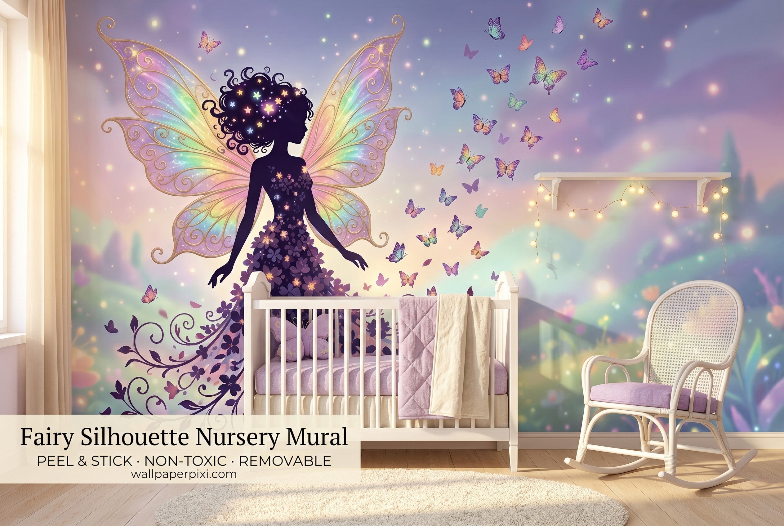 Pastel purple fairy silhouette wall mural in a bright girls nursery with a white crib lavender bedding rattan rocking chair and fairy lights
