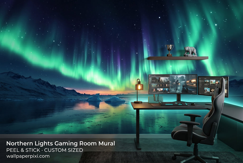 Northern lights wall mural in a teenage boys bedroom behind a gaming desk setup with LED ambient lighting and teal accent cushions