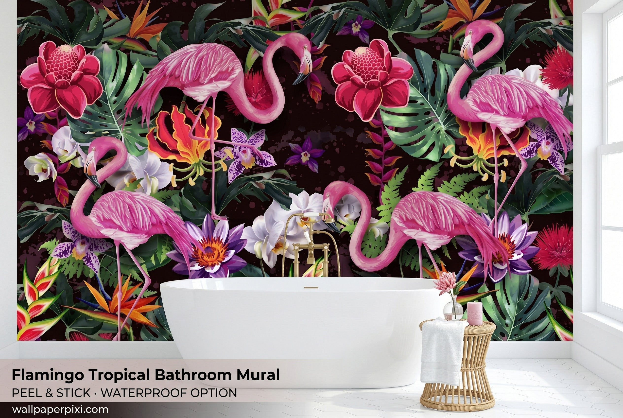 Pink flamingo tropical mural behind a white freestanding bathtub in a bright boutique bathroom with gold tap fixtures and rattan stool