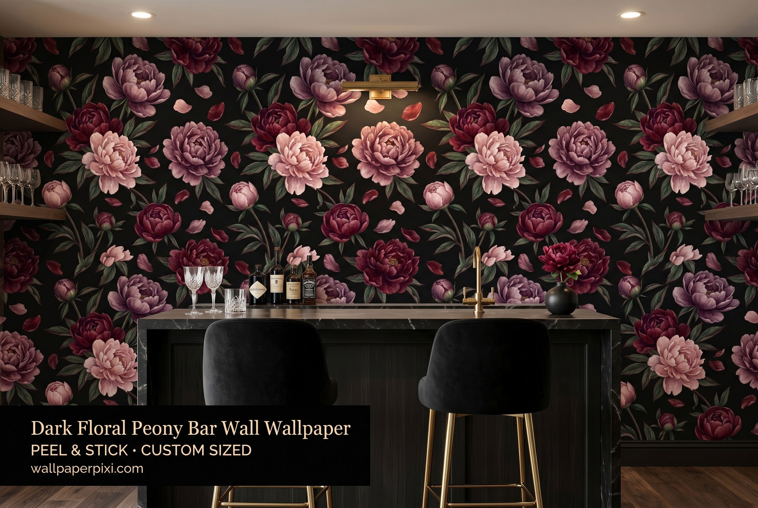 Dark floral black peony wallpaper in a bright moody home bar with dark marble counter brass fixtures velvet bar stools and warm ambient lighting